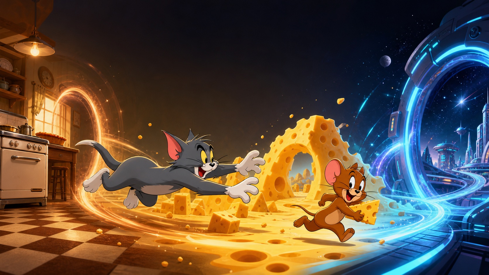 Tom and Jerry racing through a warm historic kitchen and a blue future city