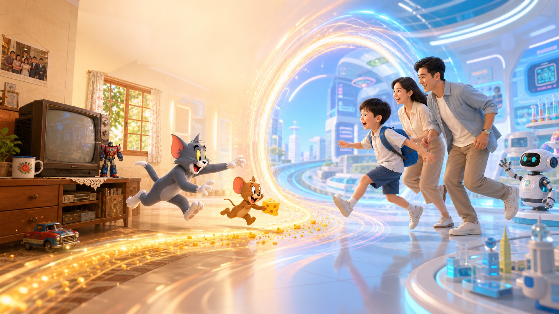 Parents and child enter a Tom and Jerry time portal
