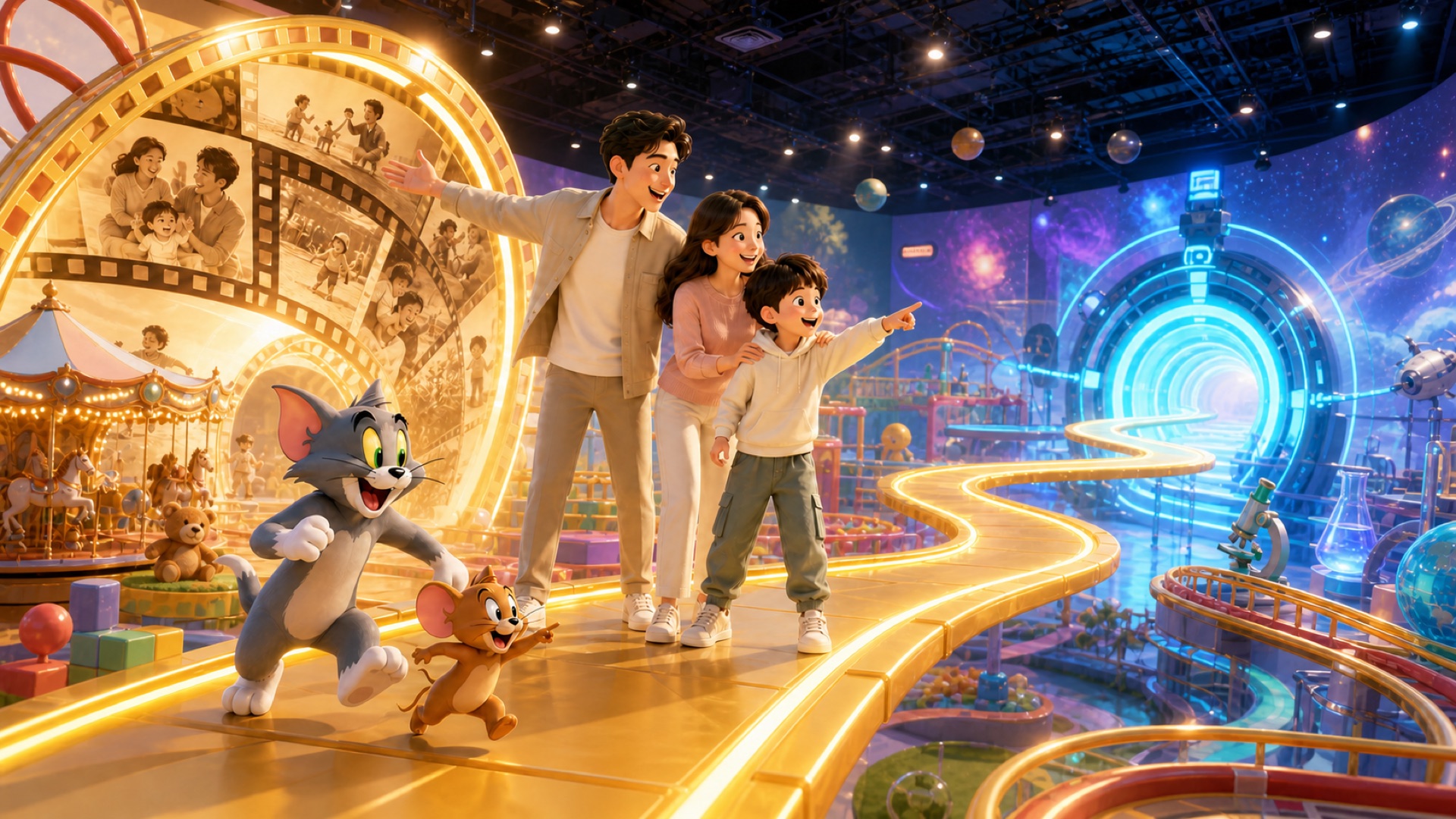 Family travels through past present and future with Tom and Jerry